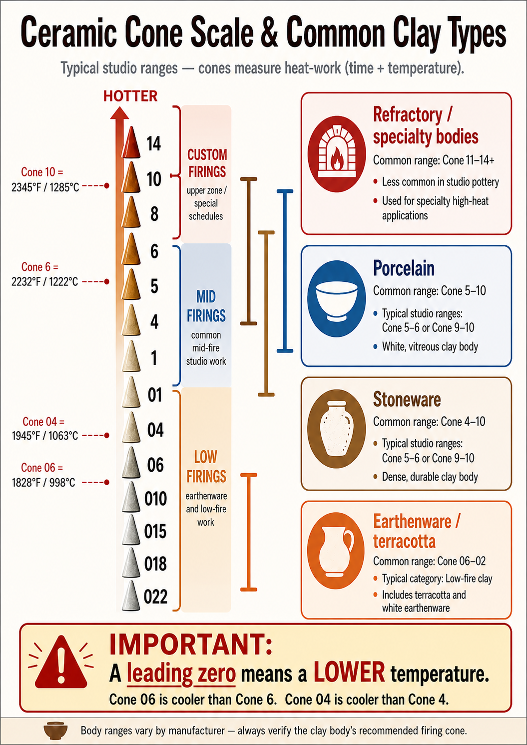 Ceramic cone scale infographic showing common clay types, hotter and cooler cone ranges, and a warning that a leading zero means a lower temperature