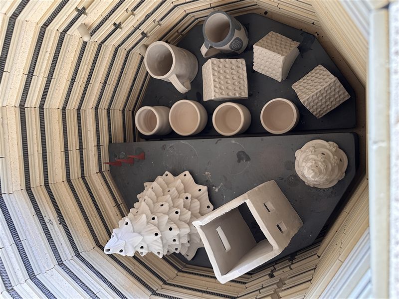 Kiln loaded with bisque pieces