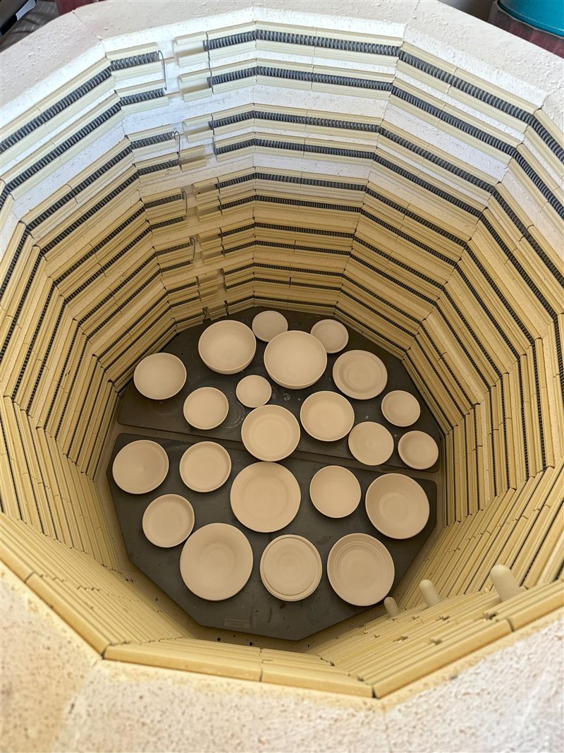 Kiln interior with stacked shelves